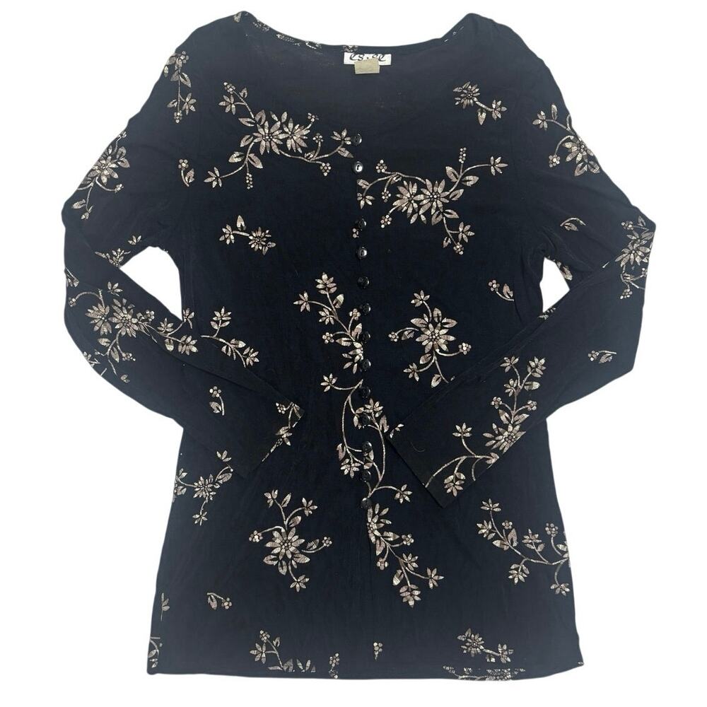 🖤 Vintage Floral Button‑Front Long‑Sleeve Blouse 🌼 Size M